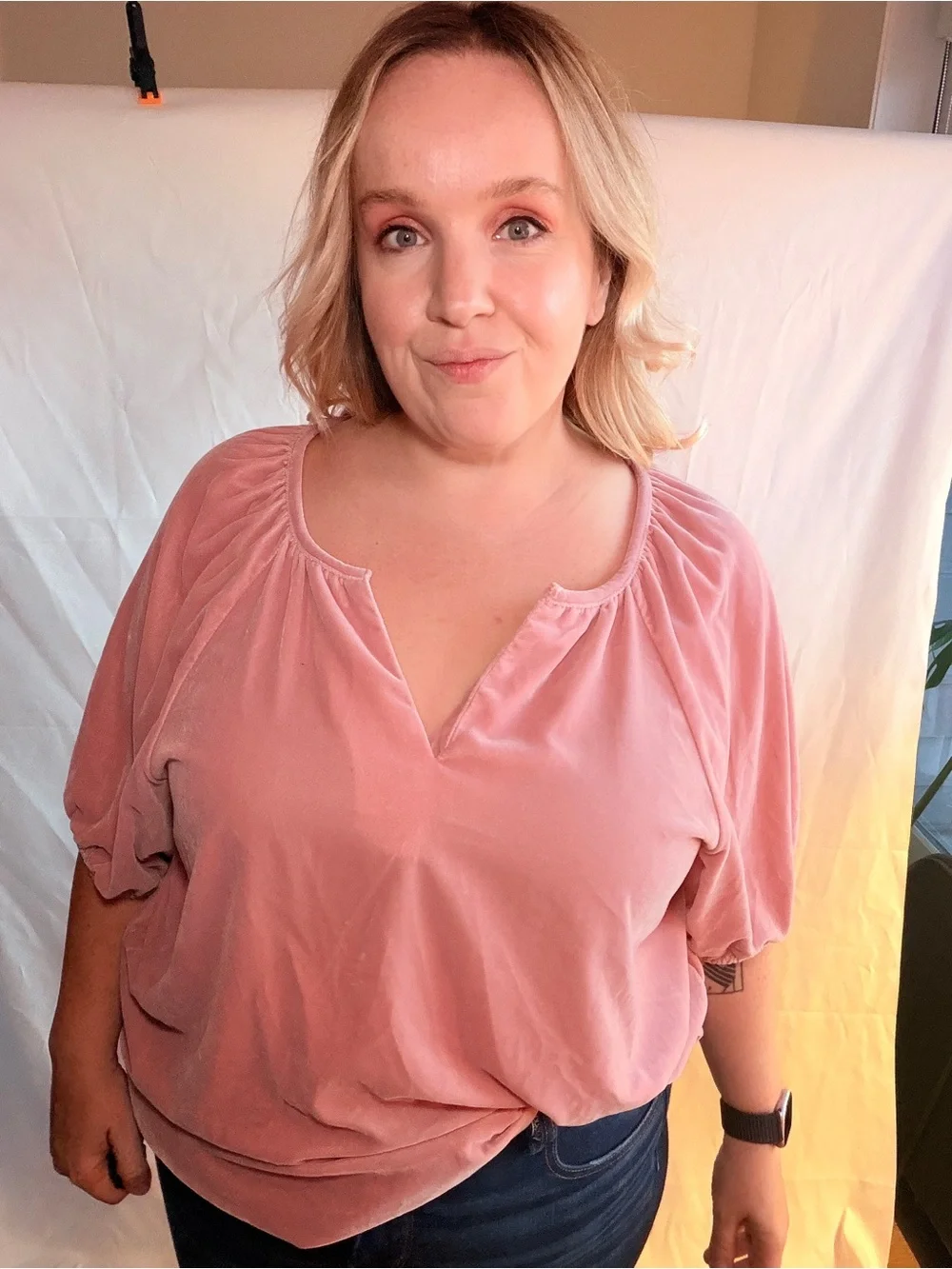 Old Navy Elbow-Sleeve Split-Neck Velvet Swing Blouse XL Pink